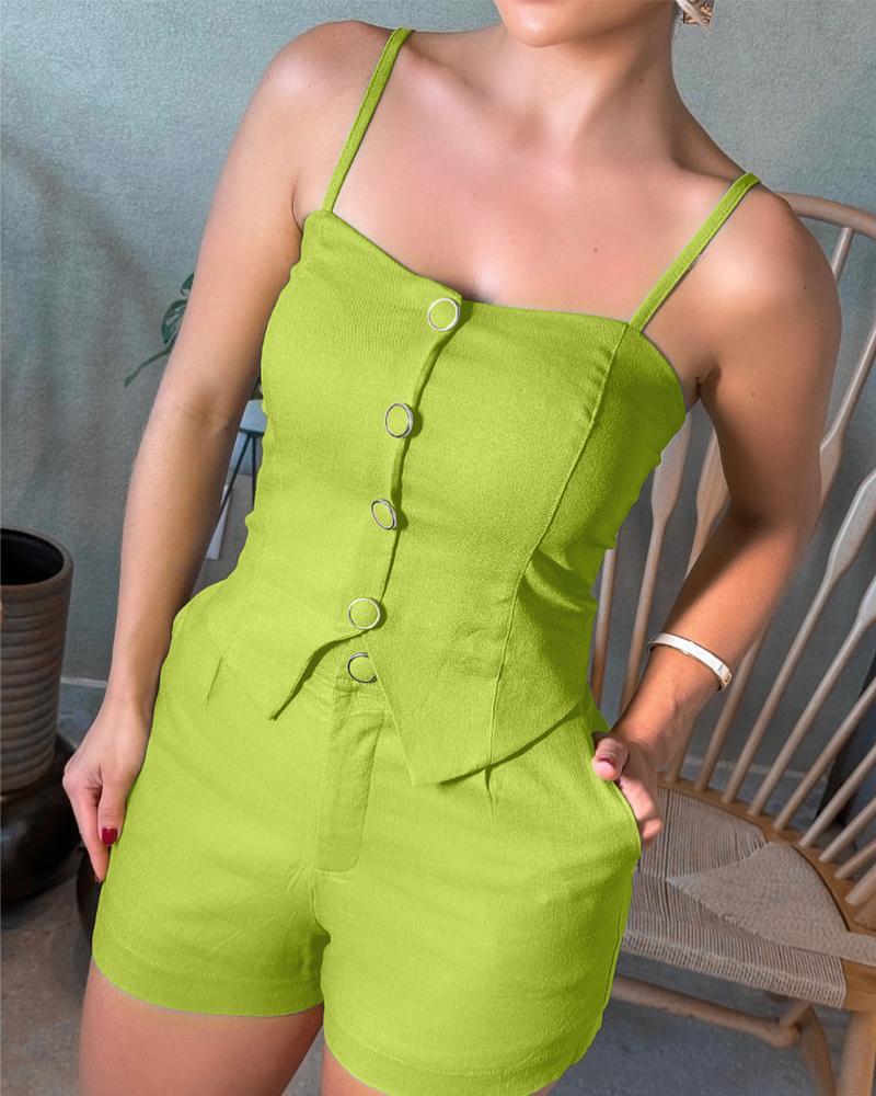 2 Pieces Outfit Spaghetti Strap Button Front Slit Hem Shirred Cami Top and Casual Zipper Fly Elastic Back Waist Slim Fit Shorts Set