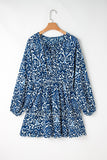 Blue Vintage Print Lace up V Neck Long Sleeve Mini Dress