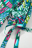 Green Brushwork Geometric Print Puff Sleeve Notched Neck Blouse