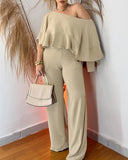 2 Pieces Outfit One Shouder Ruffles Hem Batwing Sleeve Top and Casual High Waist Wide Leg Pants Set