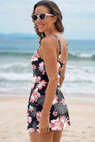 Black Floral Print Twisted Hollowed Back Swim Dress
