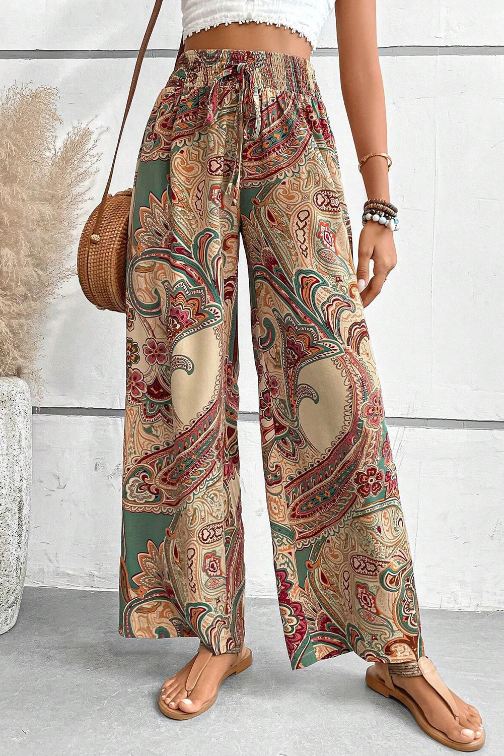 Khaki Paisley Print Boho Elastic Waist Wide Leg Pants