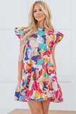 Pink Abstract Printed Ruffled Flutter Sleeve Tiered Mini Dress