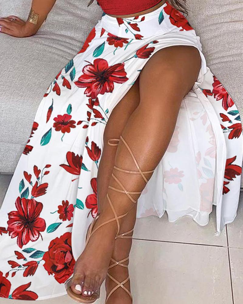 Off Shoulder Ruffles Top & Floral Print High Slit Skirt Set