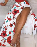 Off Shoulder Ruffles Top & Floral Print High Slit Skirt Set