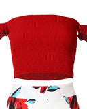 Off Shoulder Ruffles Top & Floral Print High Slit Skirt Set