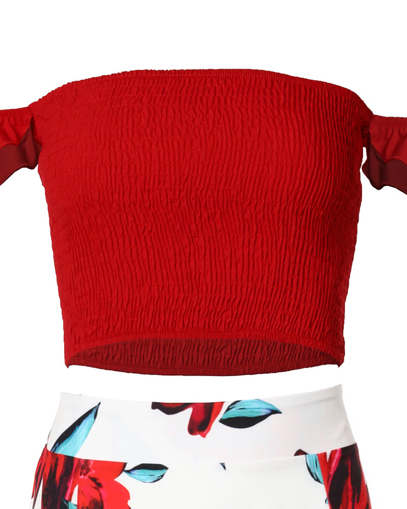 Off Shoulder Ruffles Top & Floral Print High Slit Skirt Set