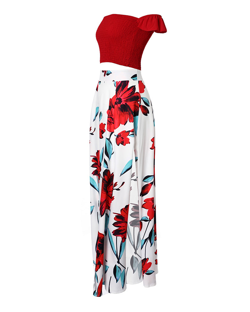 Off Shoulder Ruffles Top & Floral Print High Slit Skirt Set