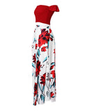 Off Shoulder Ruffles Top & Floral Print High Slit Skirt Set