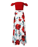 Off Shoulder Ruffles Top & Floral Print High Slit Skirt Set