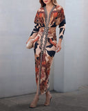 Vintage Baroque Long Sleeve Plunge V Neck Bodycon Dress Sexy Slim Fit Midi Dress