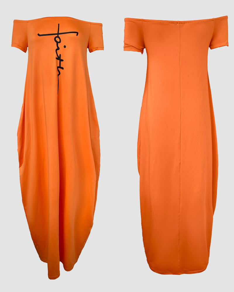 Letter Print Skew Neck Short Sleeve Elegant Maxi Dress with Pocket