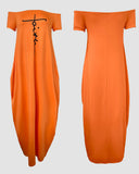 Letter Print Skew Neck Short Sleeve Elegant Maxi Dress with Pocket