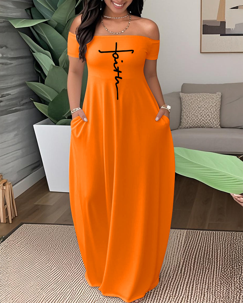 Letter Print Skew Neck Short Sleeve Elegant Maxi Dress with Pocket