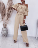 2 Pieces Outfit Off Shoulder Bell Sleeve Shirred Top and Casual Wide Leg Pants Set
