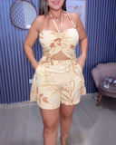 Floral Print Halter Drawstring Slit Top and Elastic Waist Shorts Set