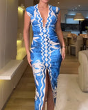 Tropical Print Sexy Plunge Sleeveless Slit Dress