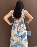 Floral Print V Neck Short Sleeve Shirred Dress