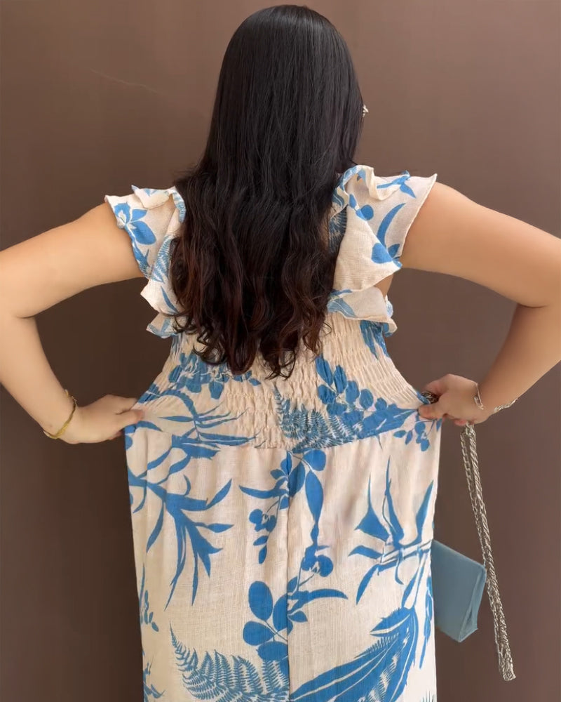 Floral Print V Neck Short Sleeve Shirred Dress
