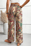 Khaki Paisley Print Boho Elastic Waist Wide Leg Pants