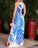 Tropical Print Halter Sleeveless Slit Dress