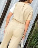 2 Pieces Outfit Colorblock Asymmetrical Neck Hollow out Front And Back Top and Metal Button Decor High Waist Wide Leg Pants Set