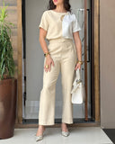 2 Pieces Outfit Colorblock Asymmetrical Neck Hollow out Front And Back Top and Metal Button Decor High Waist Wide Leg Pants Set