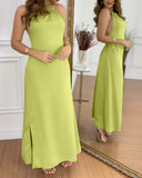 Halter Sleeveless Backless Maxi Dress Casual Shirred Back Side Slit Vacation Dress