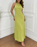 Halter Sleeveless Backless Maxi Dress Casual Shirred Back Side Slit Vacation Dress