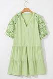 Laurel Green Floral Crochet Short Sleeve Notch V Neck Tiered Plus Size Mini Dress