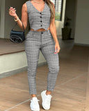 2 Pieces Plaid Print V Neck Button Front Sleeveless Tank with Lining and Casua Strechy Waist Pocket Design Slim Fit Pants Set