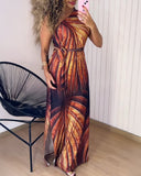Plants Print One Shoulder Sleeveless Dress Tied Detail Slit Dress