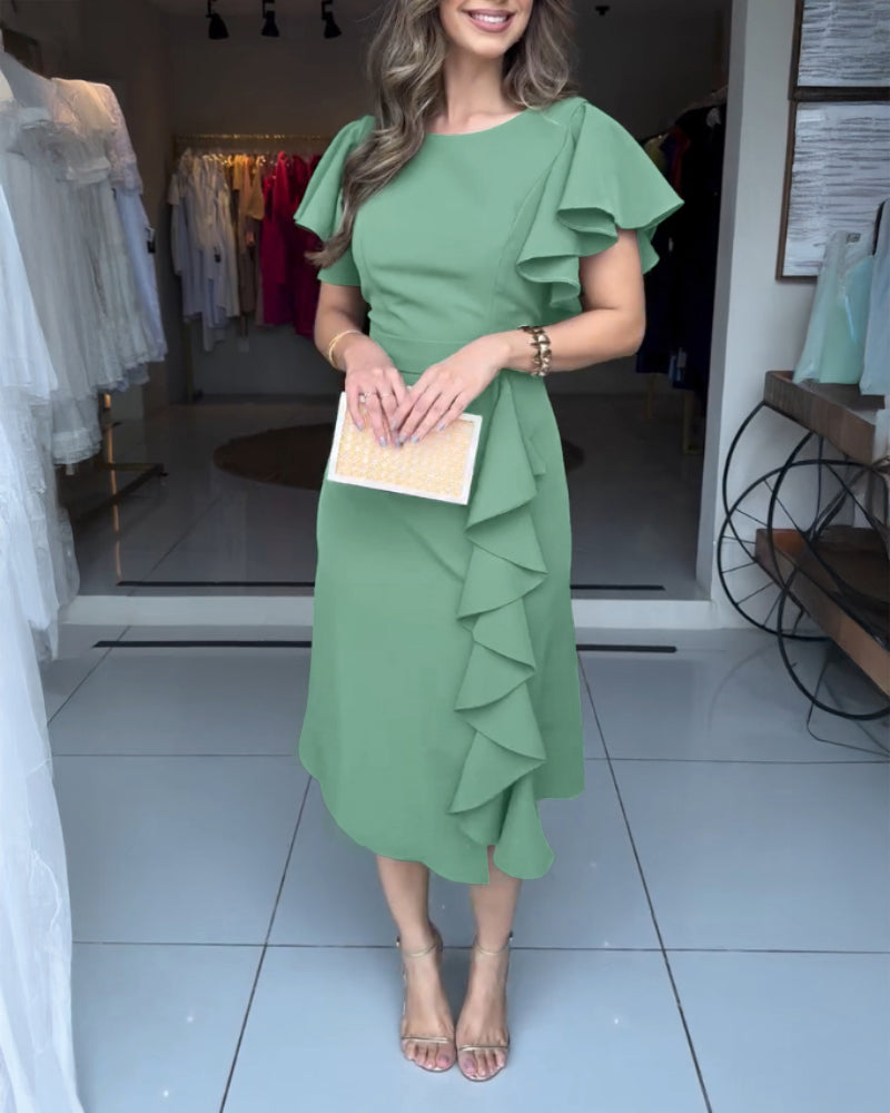 Butterfly Sleeve ruffles Slim Fit Side Slit Mid Long Dress