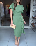 Butterfly Sleeve ruffles Slim Fit Side Slit Mid Long Dress