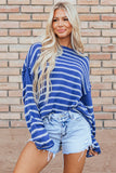 Sky Blue Stripe Drop Shoulder O Neck Plus Size Sweater
