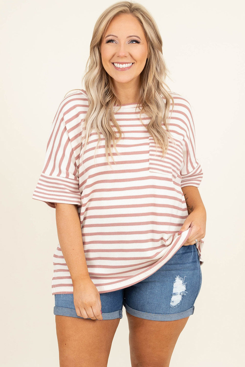 Pink Stripe Waffle Knit Pocketed Half Sleeve Plus Size T Shirt