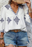 White Boho Geometric Print V Neck Bracelet Sleeve Plus Size Blouse