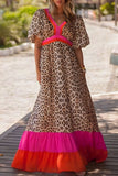 Brown Leopard Color Block V Neck Loose Fit Maxi Dress