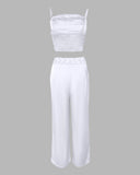 2 Pieces Outfit Weaving Textured Spaghetti Strap Crop Top and Casual Wide Leg Pants Set