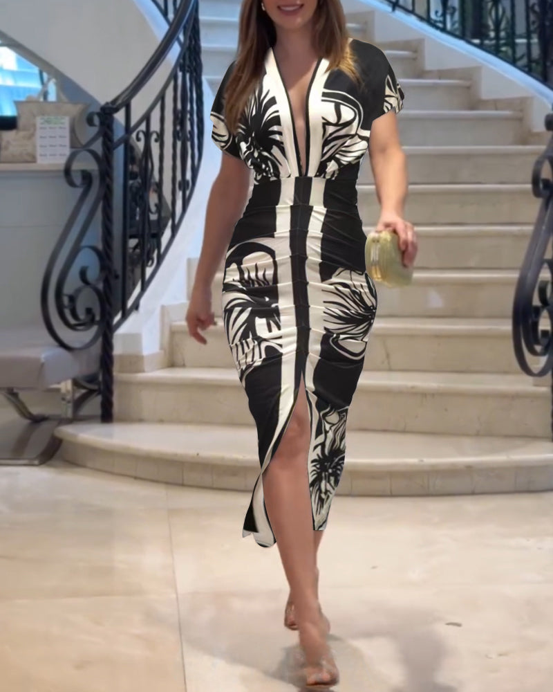 Vintage Baroque Long Sleeve Plunge V Neck Bodycon Dress Sexy Slim Fit Midi Dress