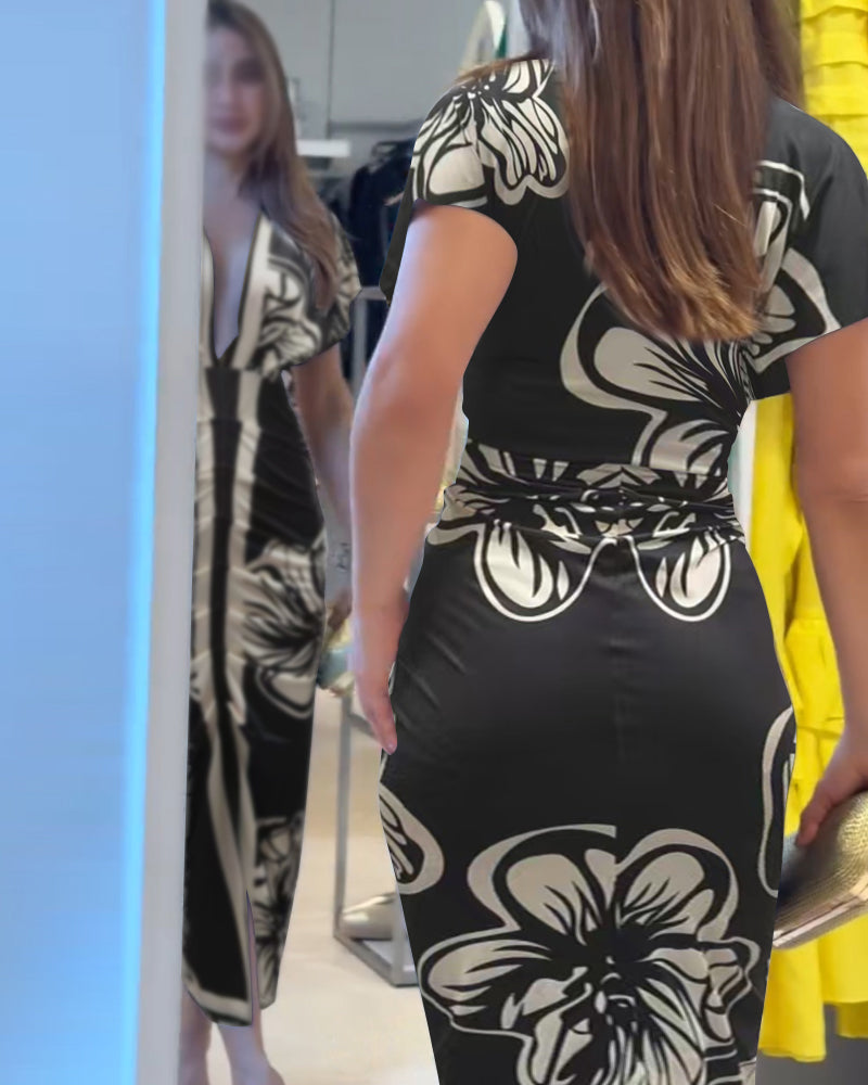 Vintage Baroque Long Sleeve Plunge V Neck Bodycon Dress Sexy Slim Fit Midi Dress