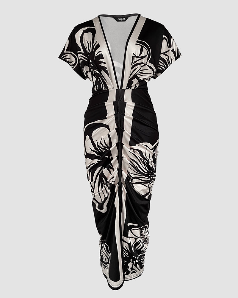 Vintage Baroque Long Sleeve Plunge V Neck Bodycon Dress Sexy Slim Fit Midi Dress