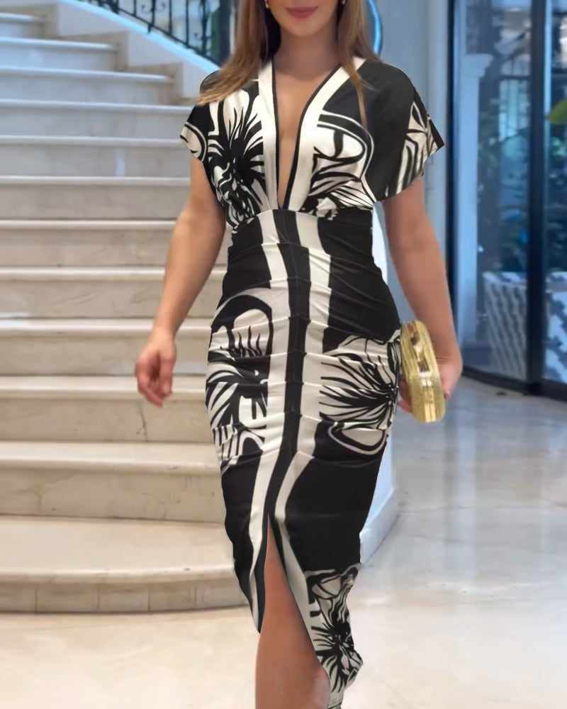 Vintage Baroque Long Sleeve Plunge V Neck Bodycon Dress Sexy Slim Fit Midi Dress