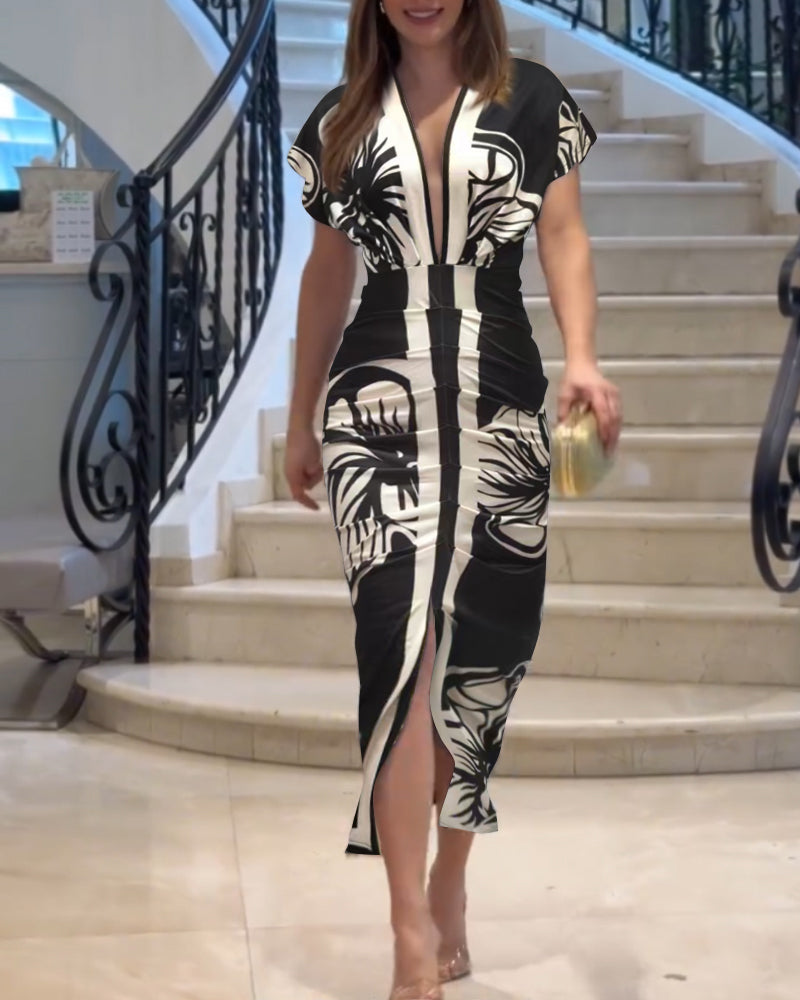 Vintage Baroque Long Sleeve Plunge V Neck Bodycon Dress Sexy Slim Fit Midi Dress