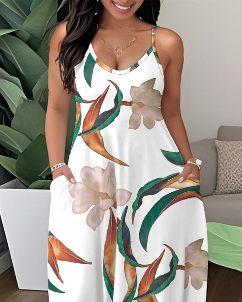 Floral Print V Neck Short Sleeve Elegant Maxi Dress with Pocket