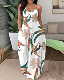 Floral Print V Neck Short Sleeve Elegant Maxi Dress with Pocket