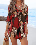 Leopard Colorblock V Neck Roll Up Sleeve Hollow out Drawstring Mini Dress Cover ups