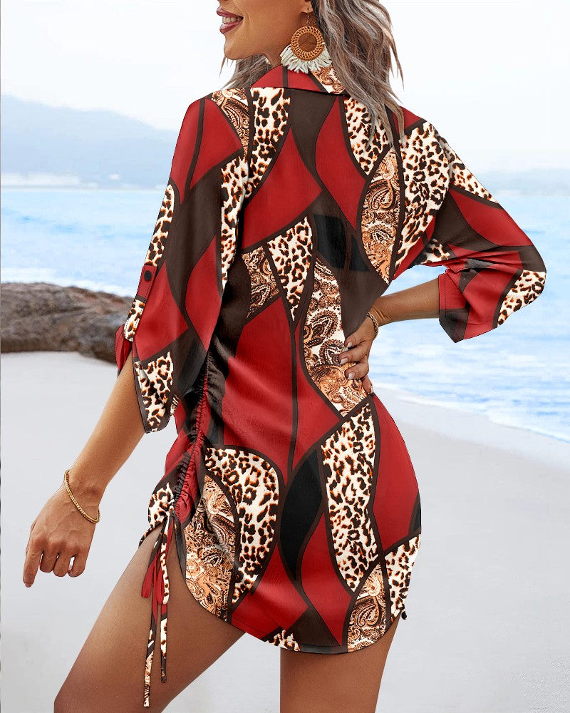 Leopard Colorblock V Neck Roll Up Sleeve Hollow out Drawstring Mini Dress Cover ups