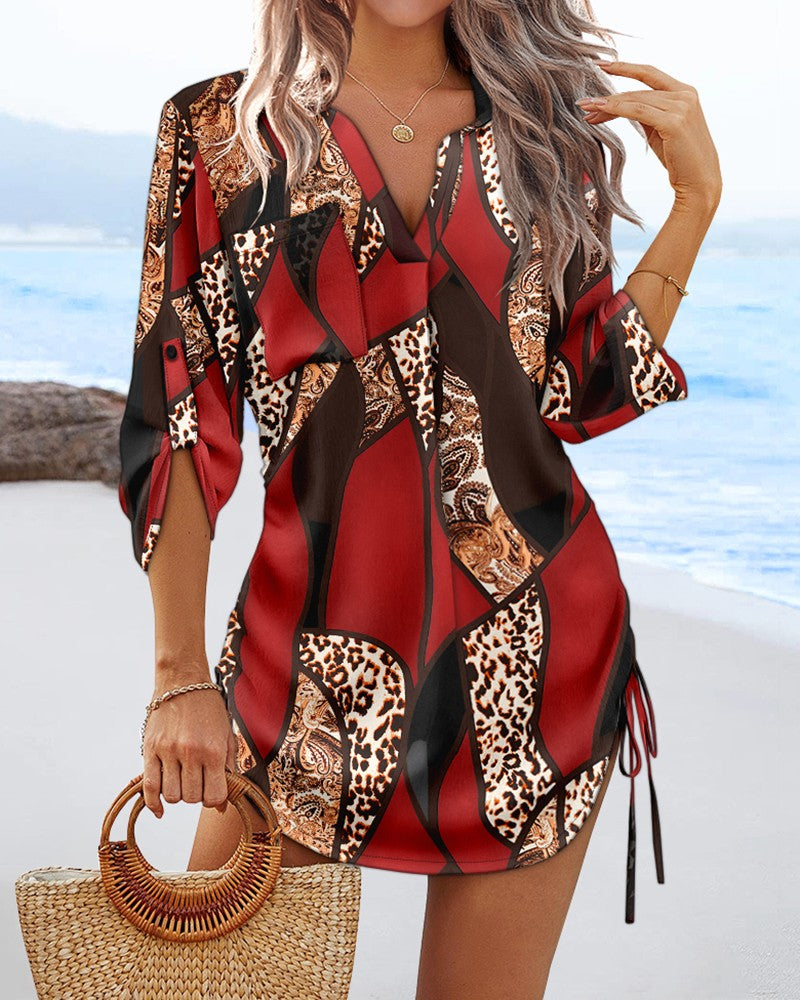 Leopard Colorblock V Neck Roll Up Sleeve Hollow out Drawstring Mini Dress Cover ups