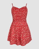 Ditsy Floral V Neck Sleeveless Ruched Cami Jumpsuit Casual Ajustable Back Straps Shirred Romper